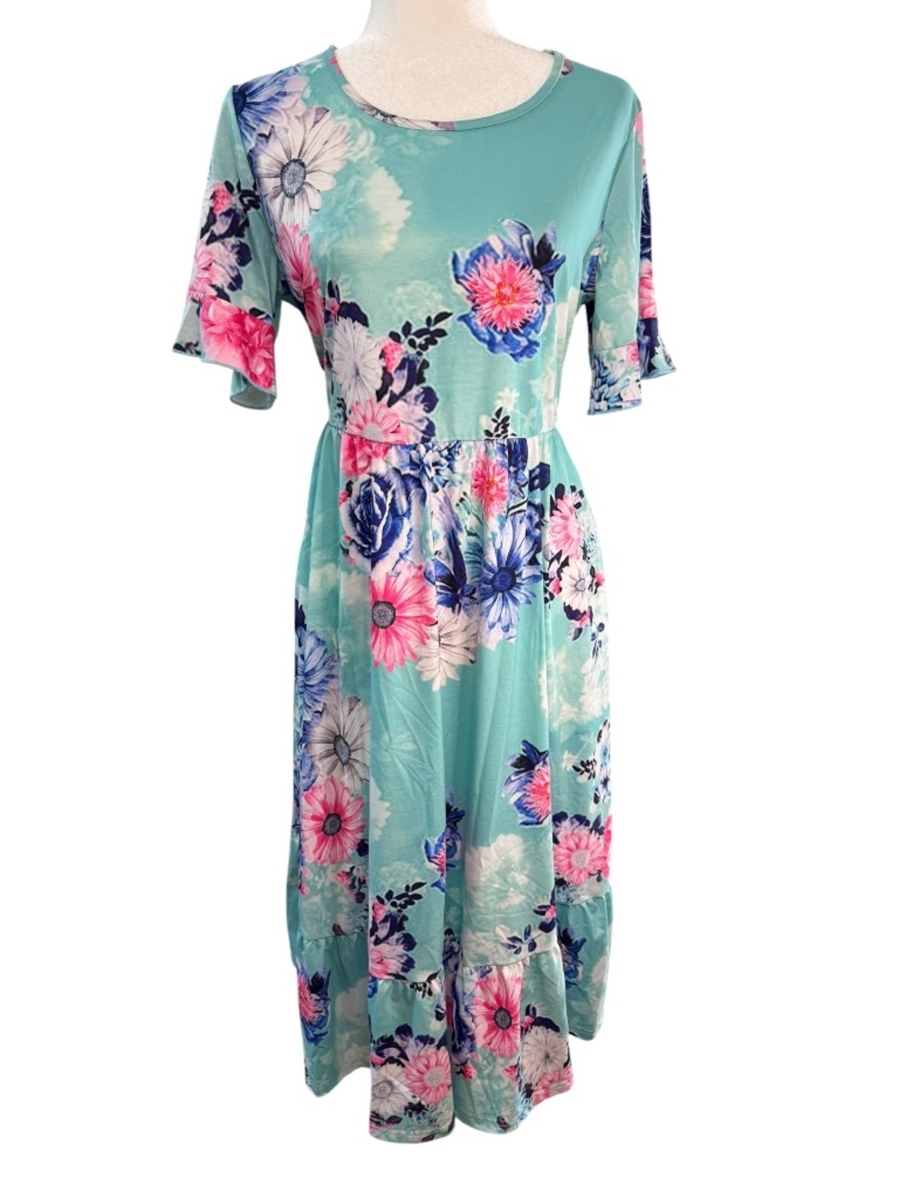 Turquoise Floral Dress Size Large Pockets
